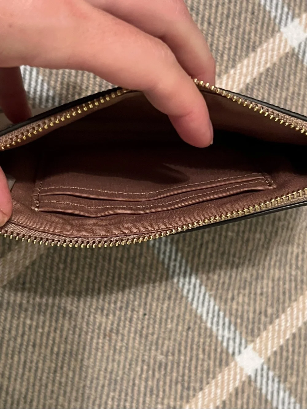 COACH Pebbled Leather Mini Wristlet in Taupe with Gold Logo